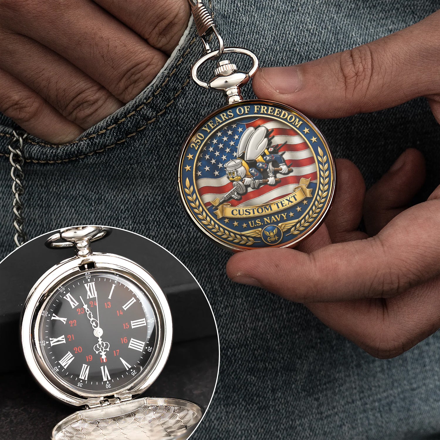Personalized US Navy Pocket Watch for Veteran and Sailor