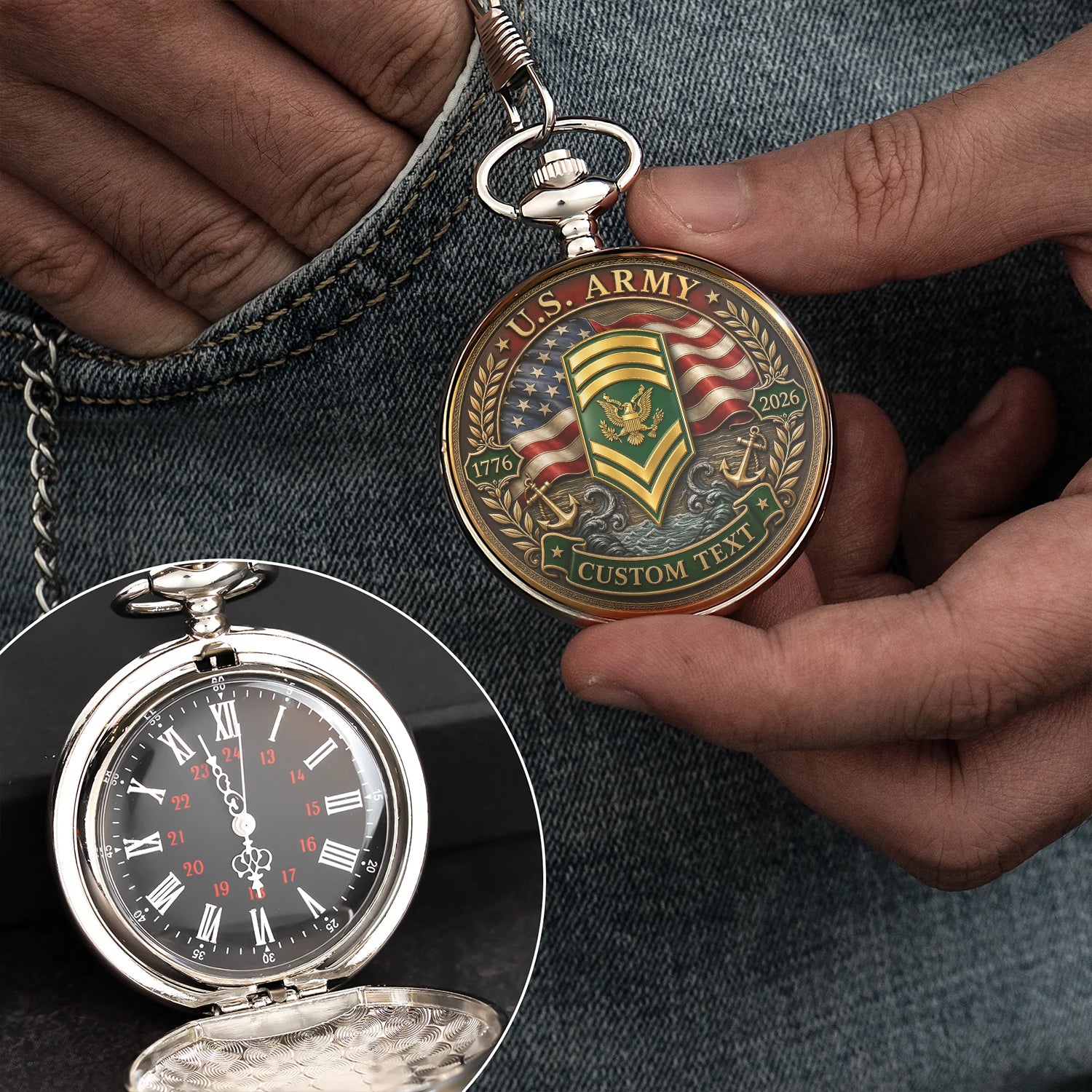 Army Veteran Gift Pocket Watch Personalized Rank Name