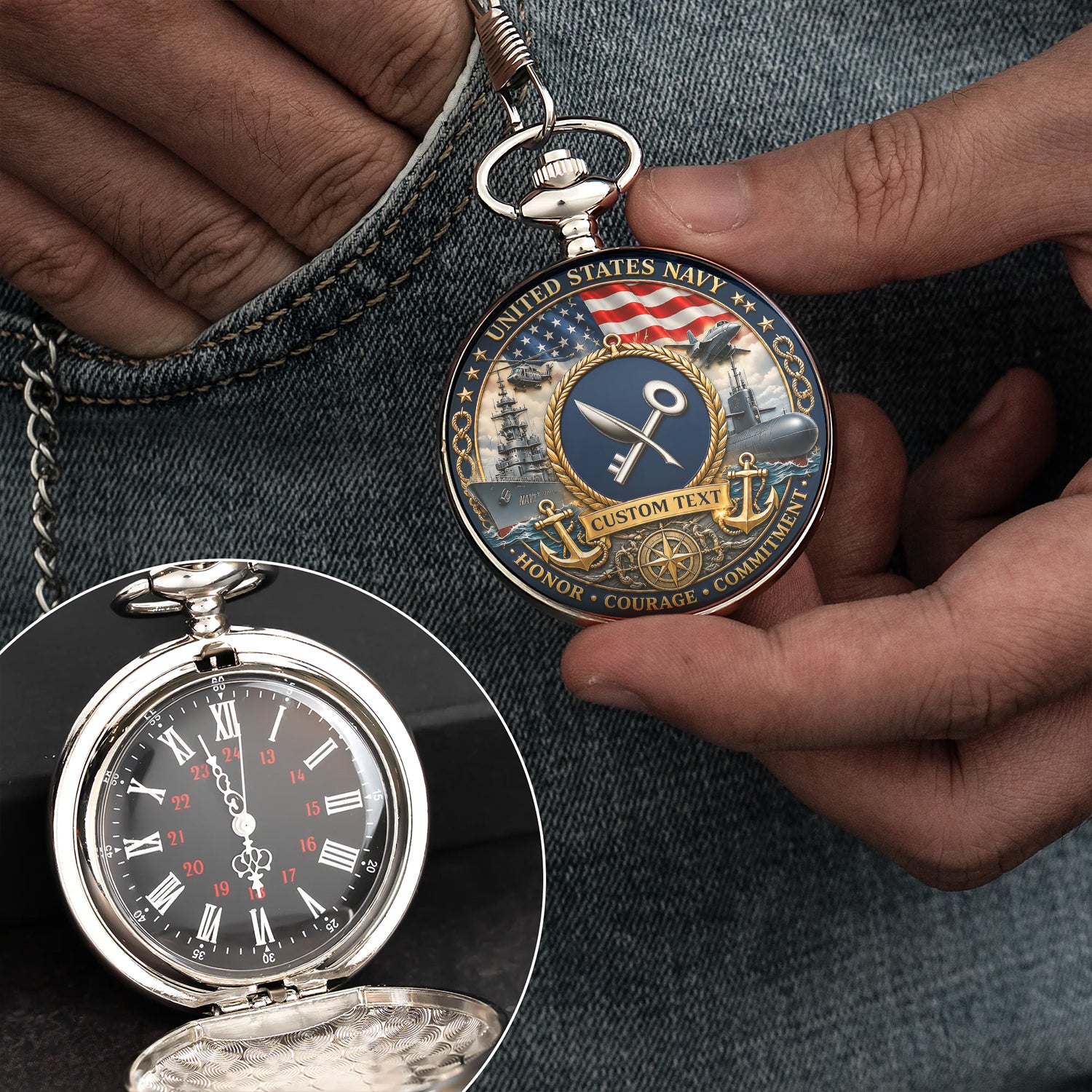 US Navy Sailor Gift Personalized Pocket Watch Custom Text