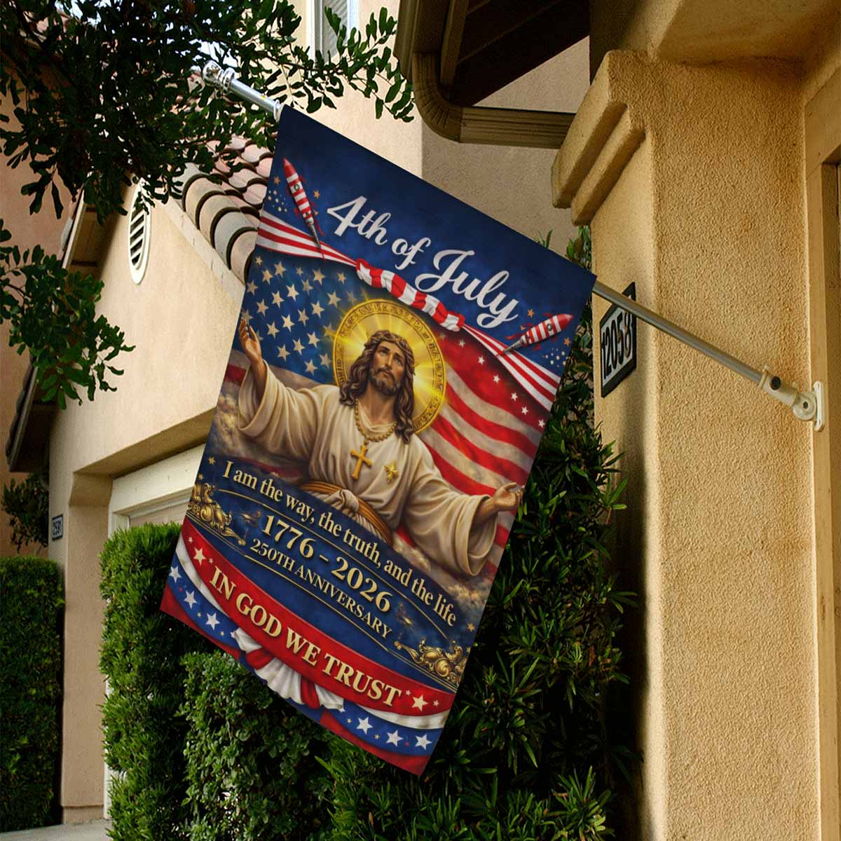 4th of July Christian House Flag Jesus In God We Trust America 250 Patriotic Banner 1776-2026