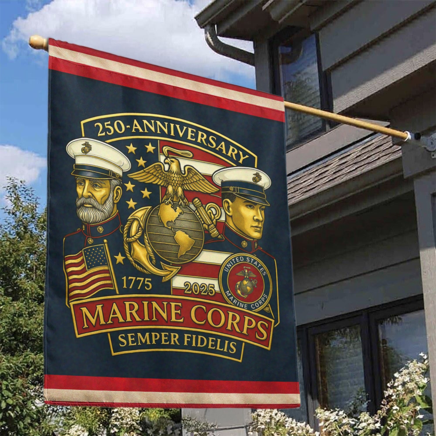 MARlNE 250th Anniversary House Flag 28" x 40" Twin-Side Printing