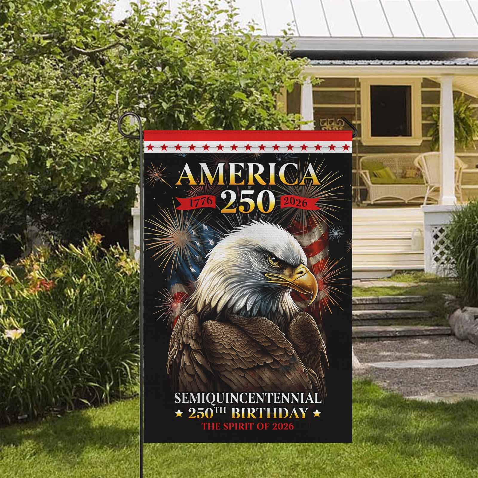 America 250 Semiquincentennial Garden Flag Patriotic Eagle Fireworks 1776-2026 Independence Decor