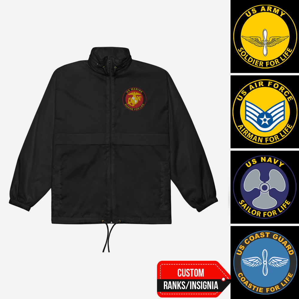 US Military Soldier, Sailor, Airman For Life Custom Ranks/Insignia Embroidered Unisex Windbreaker