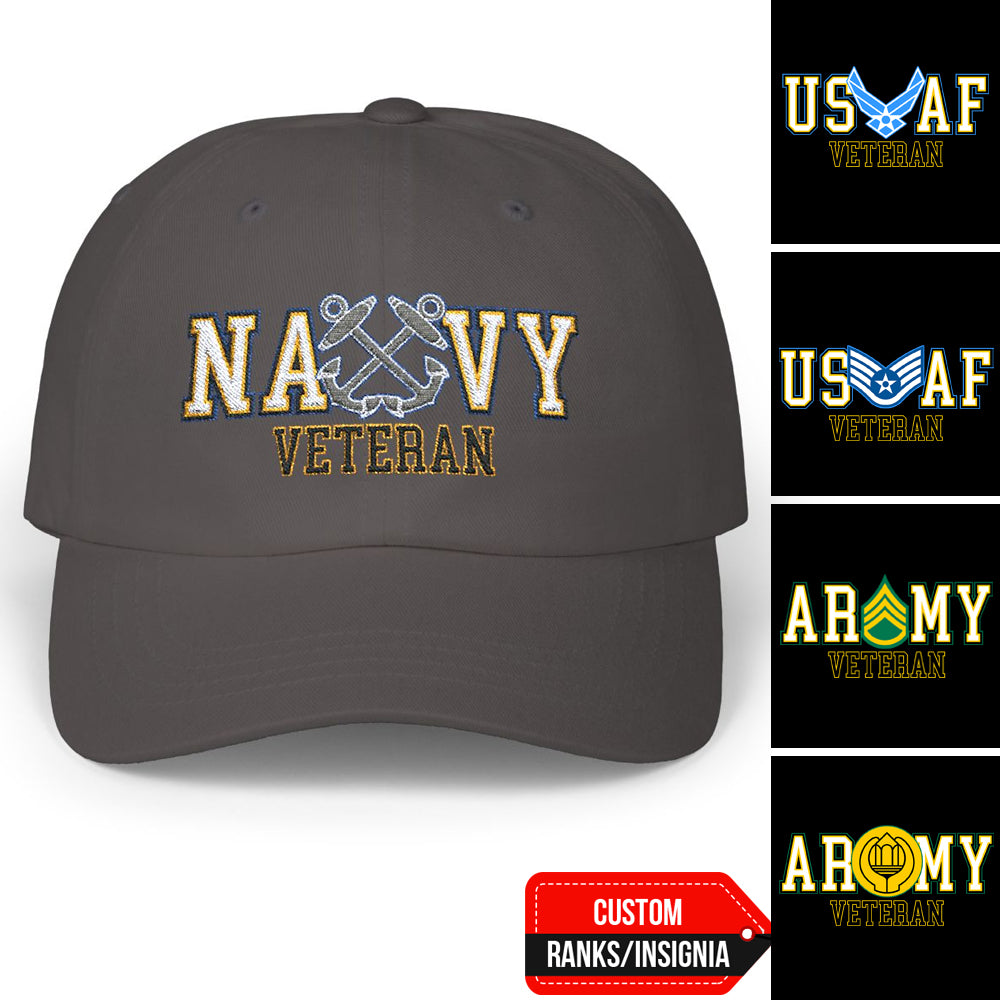 US Military Veteran Custom Ranks Insignia Embroidered Dad Hat