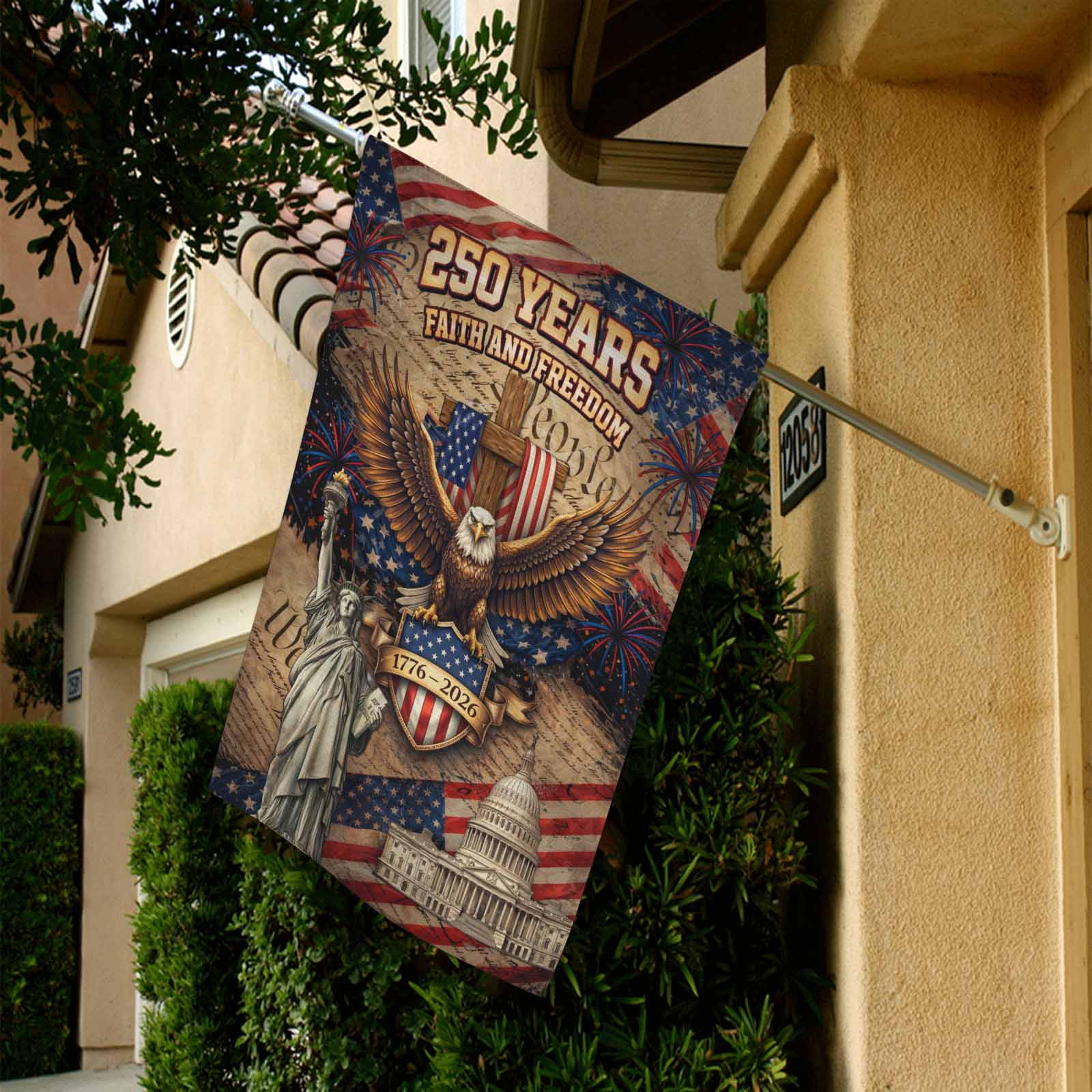 250 Years Faith and Freedom Garden Flag Patriotic Cross Eagle USA Decor