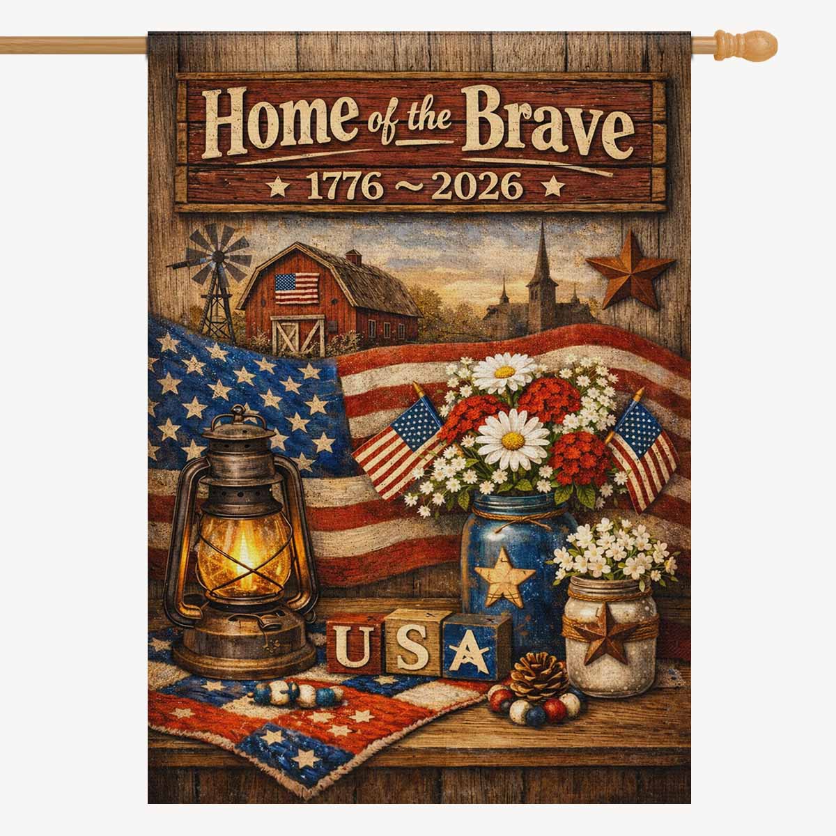 Patriotic Farmhouse House Flag America 250 USA Home of the Brave Decor