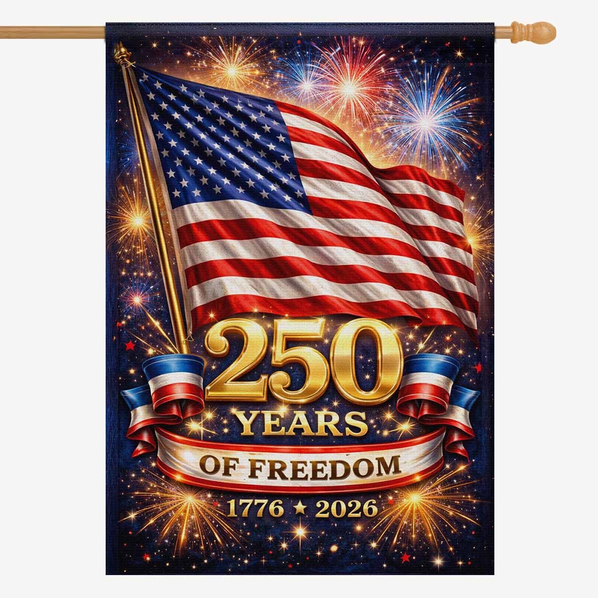 America 250 Years of Freedom House Flag 1776–2026 – Patriotic Fireworks Outdoor Banner
