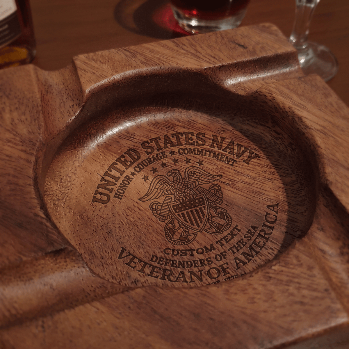 Navy Veteran Wooden Cigar Ashtray Custom Rank and Personalized Text