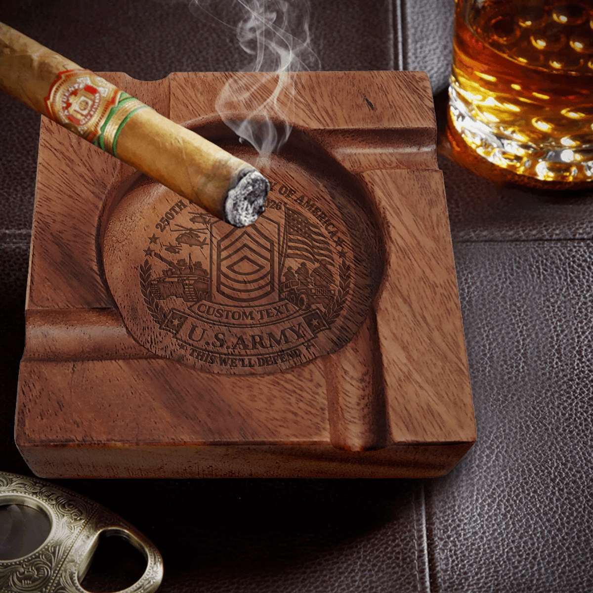 U.S. Army Cigar Ashtray Personalized Rank Text Veteran Gift