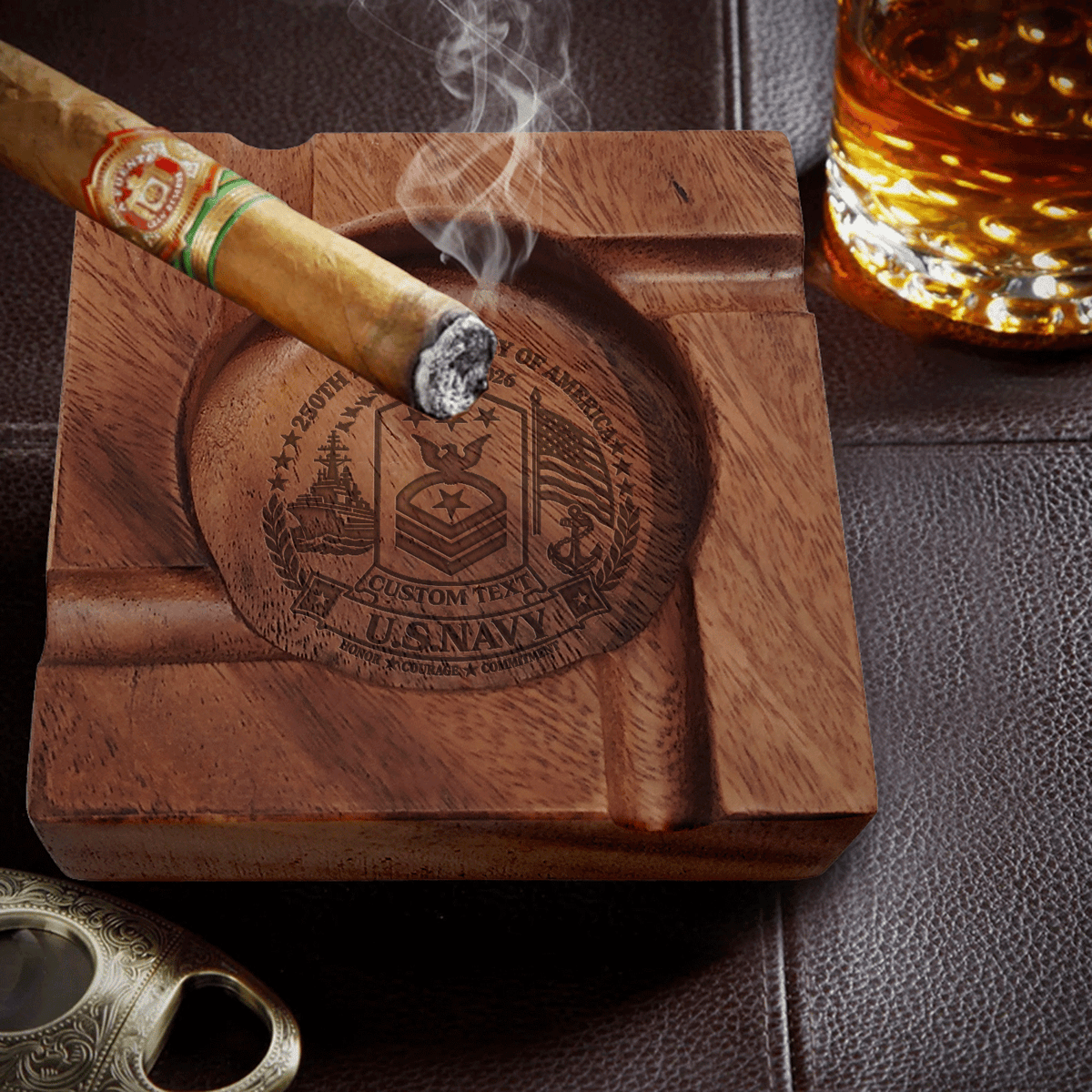 Personalized US Navy Wooden Cigar Ashtray Custom Rank and Text