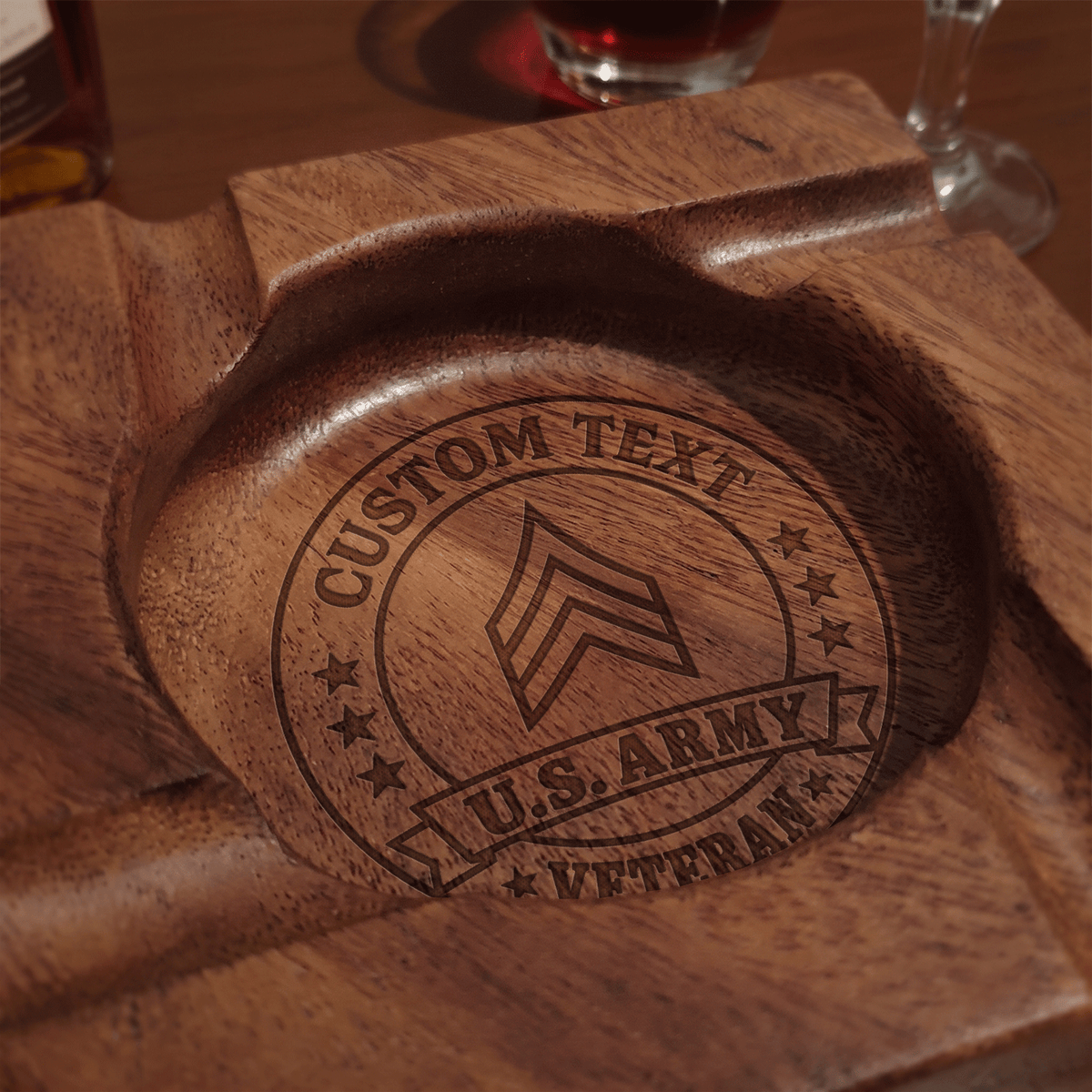 Custom Army Wooden Cigar Ashtray Personalized Rank and Custom Text