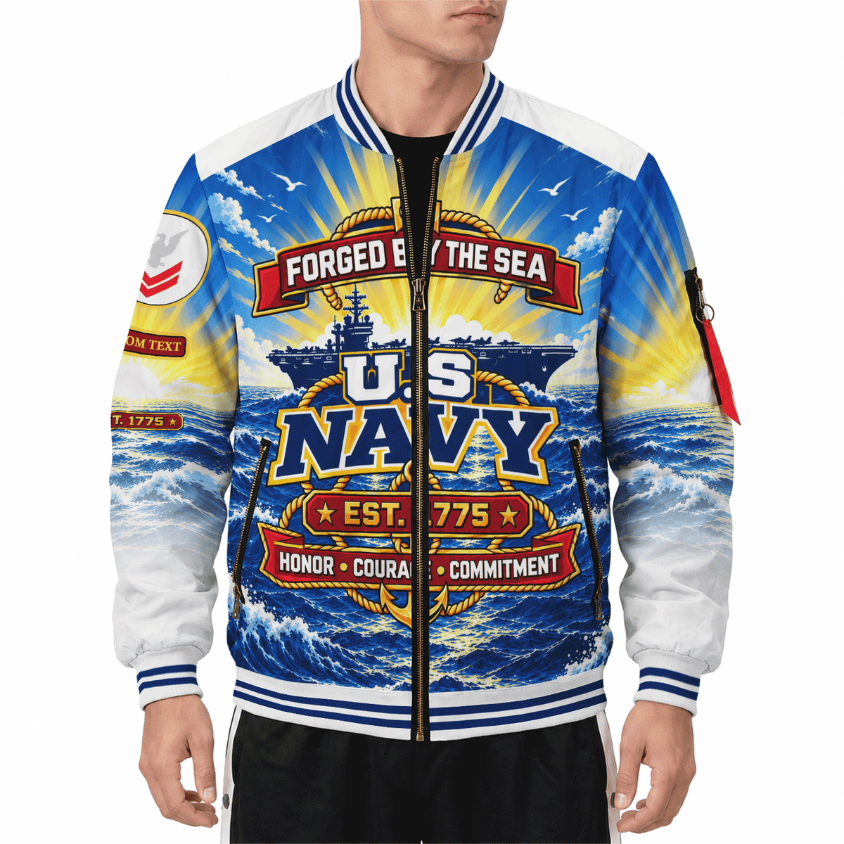 Personalized Navy Fleet Bomber Jacket Custom Military Rank & Service Text