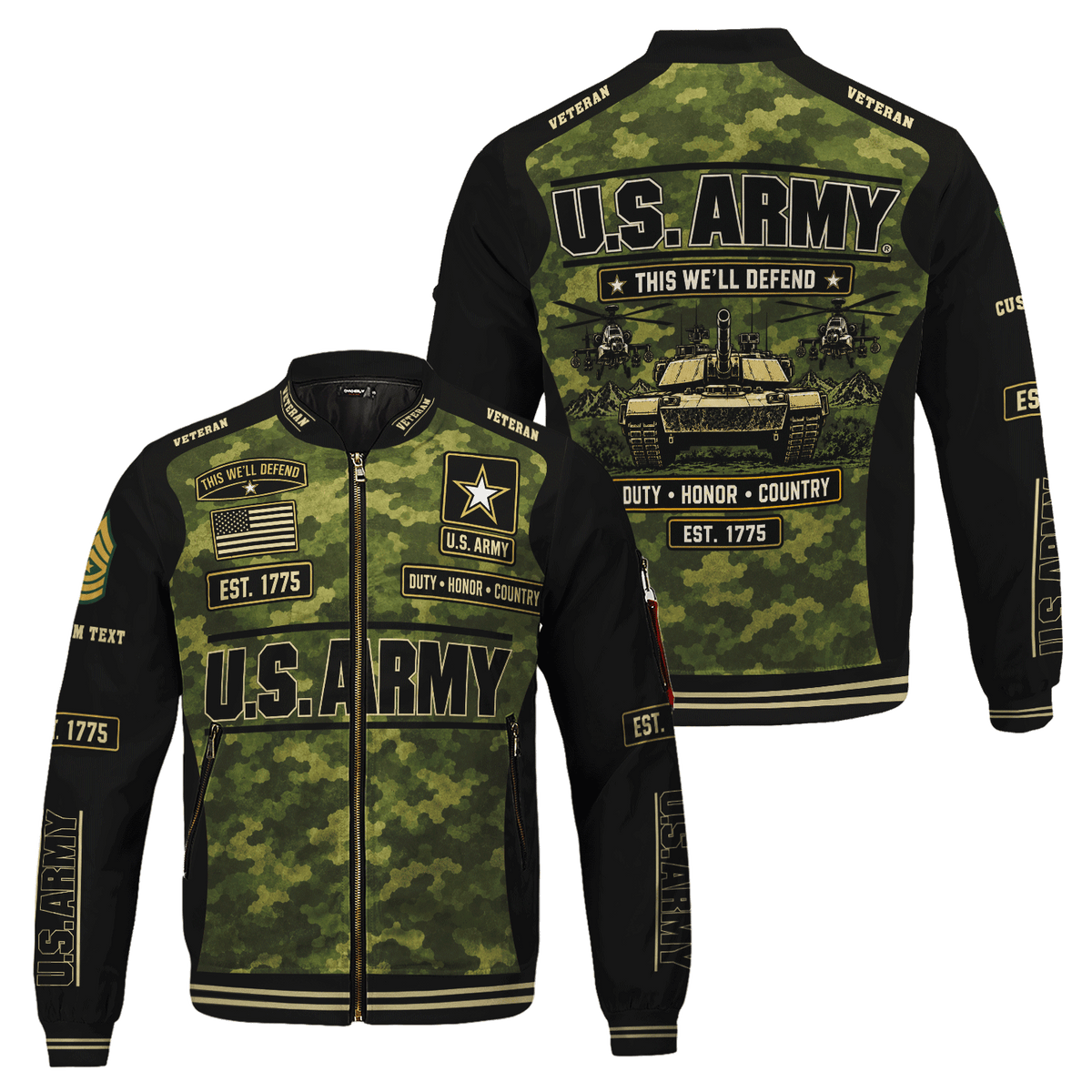 Personalized Army Veteran Bomber Jacket Custom Service Rank & Name