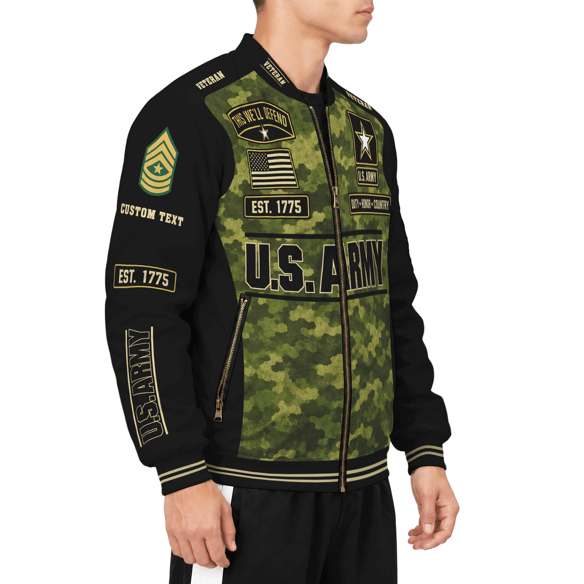 Personalized Army Veteran Bomber Jacket Custom Service Rank & Name