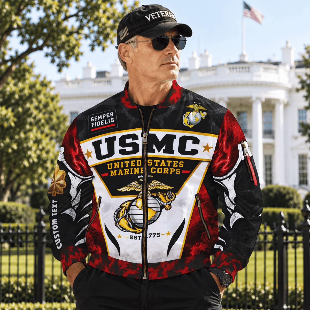 Custom USMC Veteran Bomber Jacket Personalized Name Rank Marine Gift
