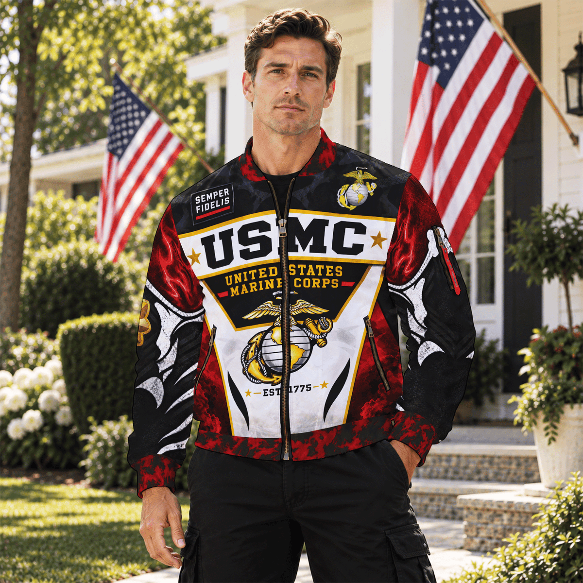 Custom USMC Veteran Bomber Jacket Personalized Name Rank Marine Gift
