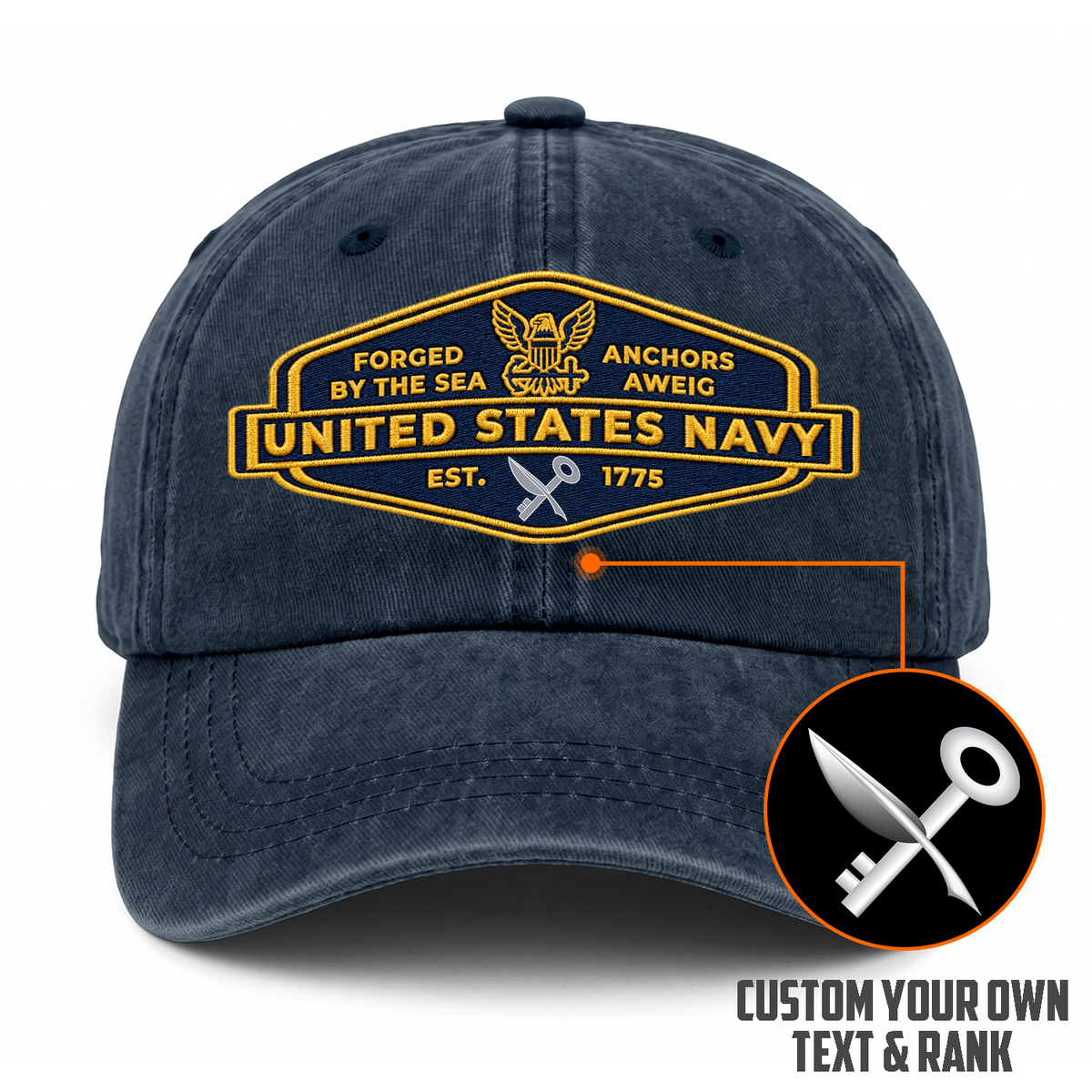 U.S. Navy Embroidered Hat Custom Rank and Personalized Text