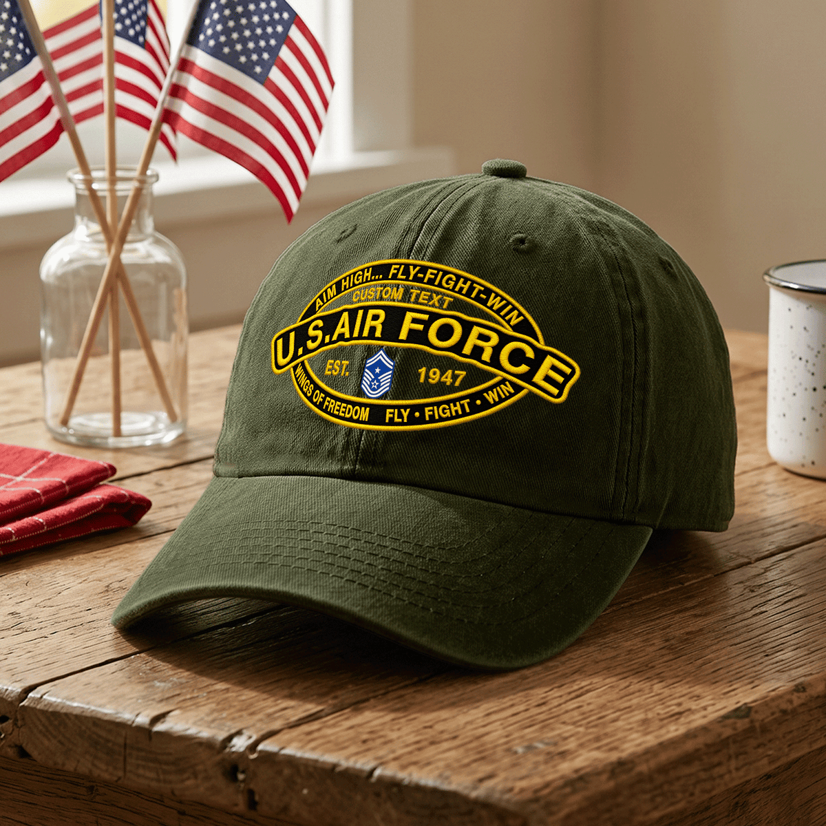 Custom Air Force Veteran Washed Cap Personalized Military Rank and Text