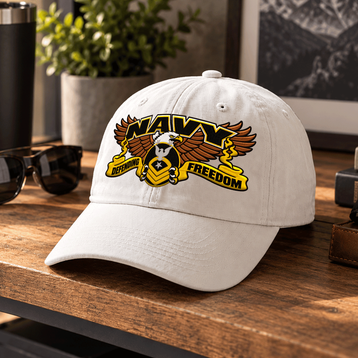 Custom Navy Veteran Washed Cap Personalized Military Rank and Text