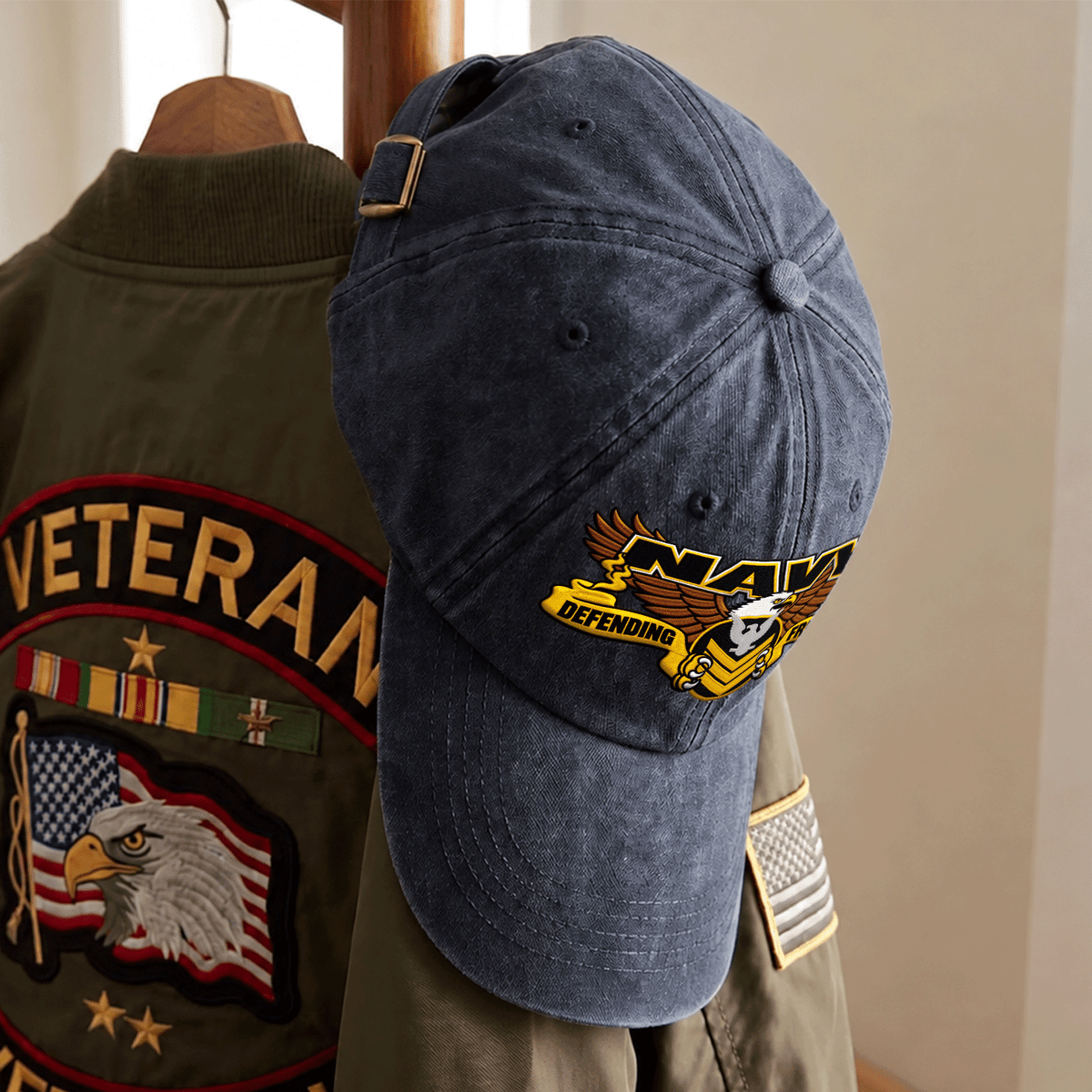 Custom Navy Veteran Washed Cap Personalized Military Rank and Text