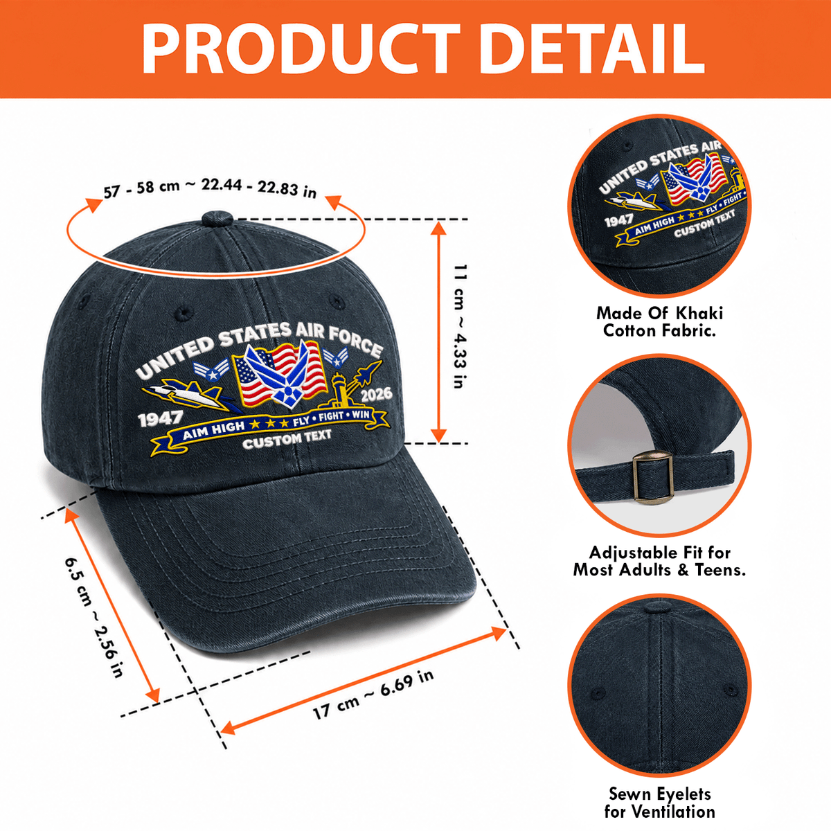 Personalized U.S. Air Force Cotton Cap Custom Rank and Text