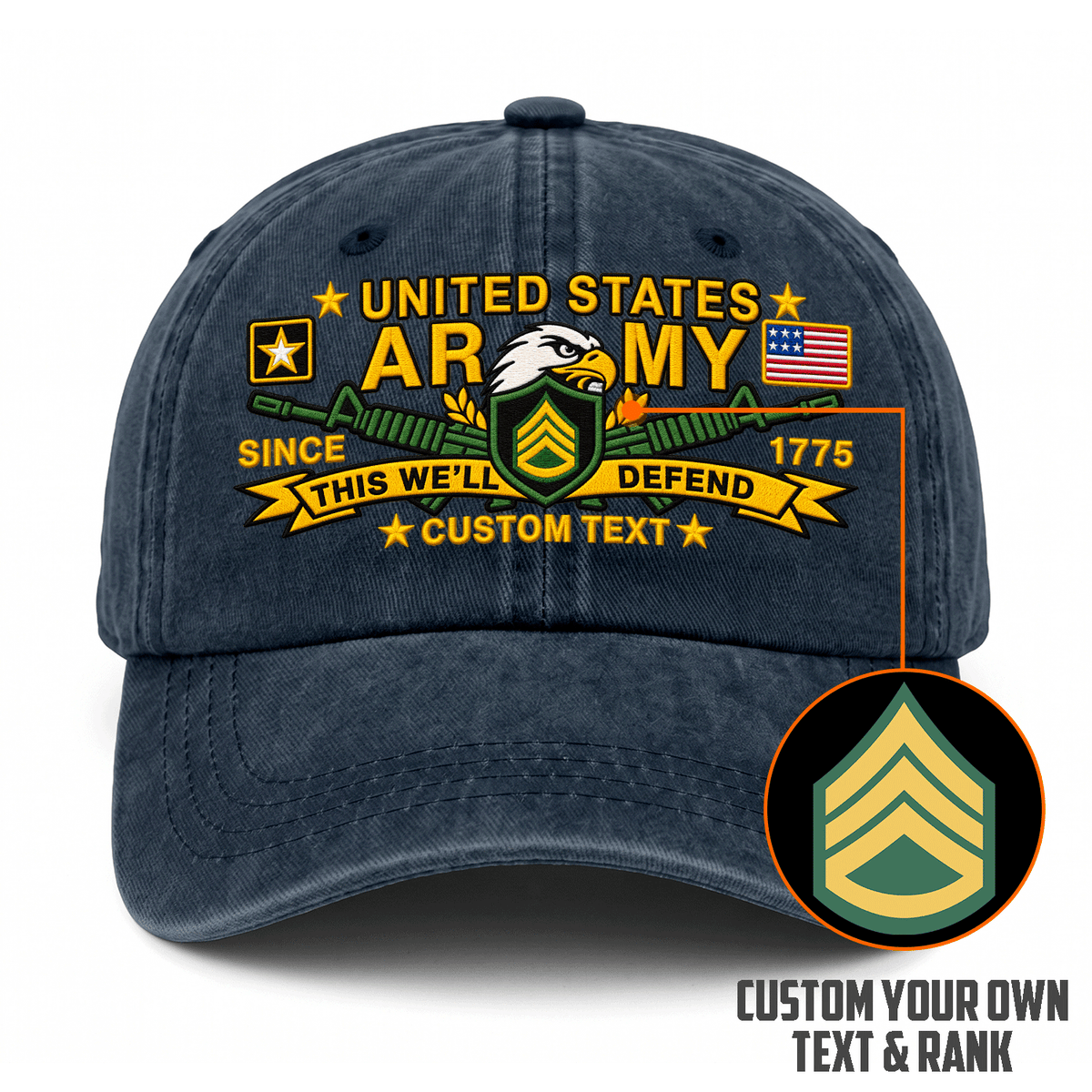 Personalized Army Military Washed Cap Custom Rank and Text