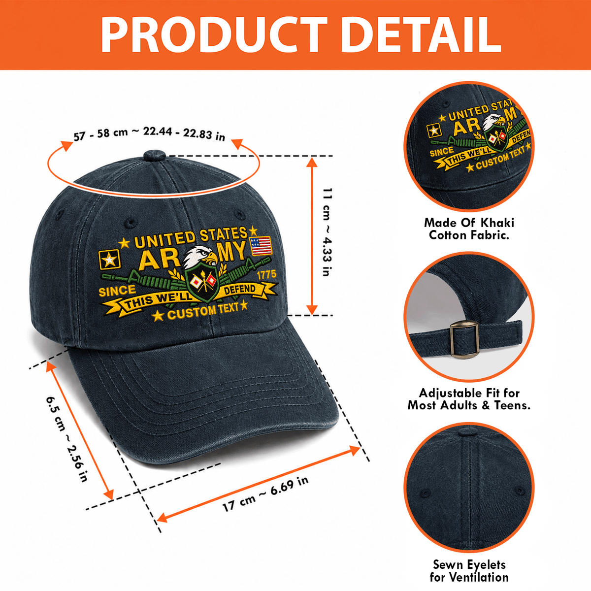 Personalized Army Military Washed Cap Custom Rank and Text