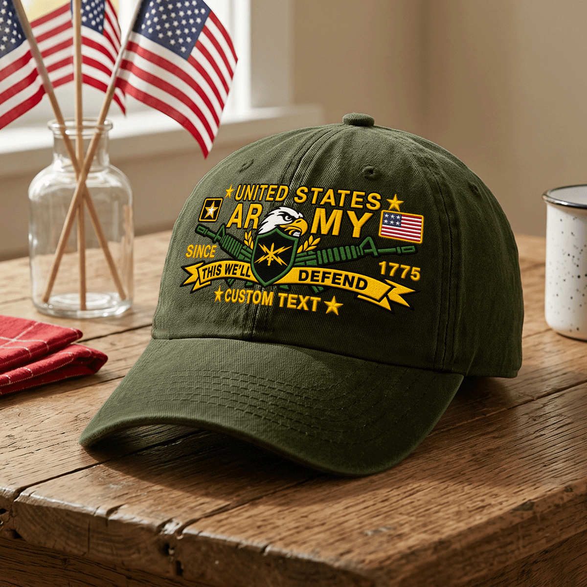 Personalized Army Military Washed Cap Custom Rank and Text
