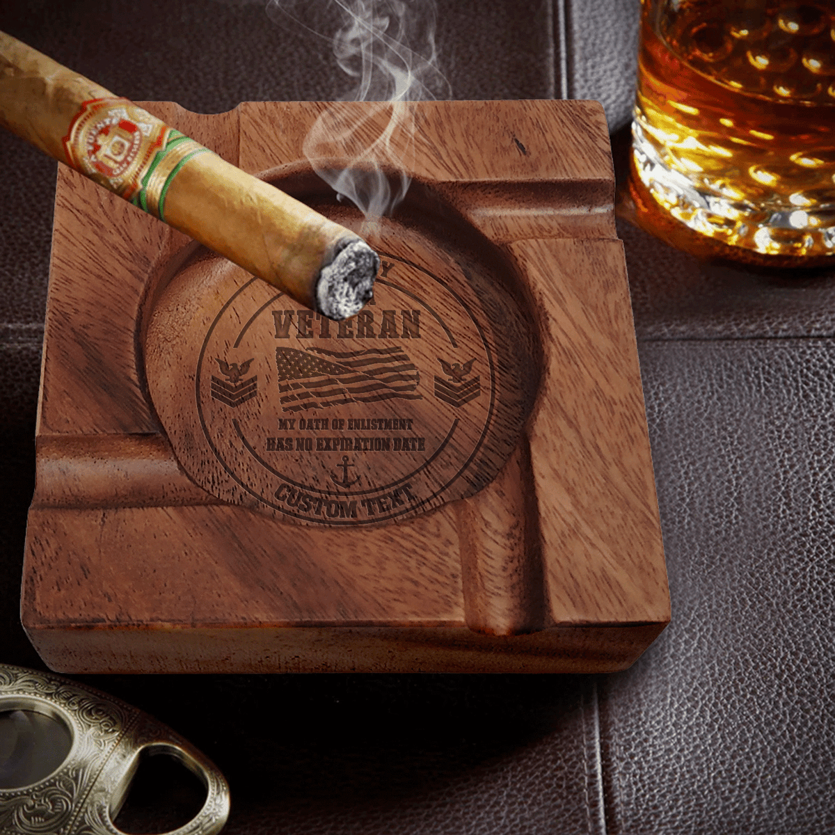 U.S. Navy Personalized Walnut Ashtray Custom Military Rank and Text