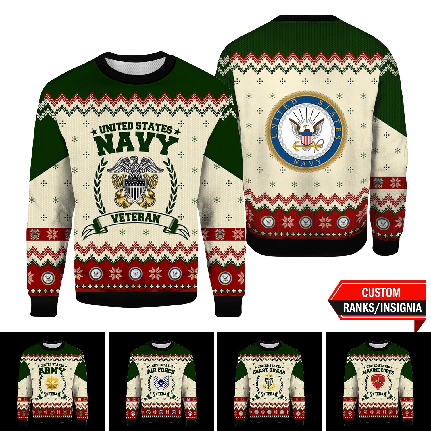 Custom 3D All Over Prints Ugly Sweater, US Veteran Military Ranks/Insignia