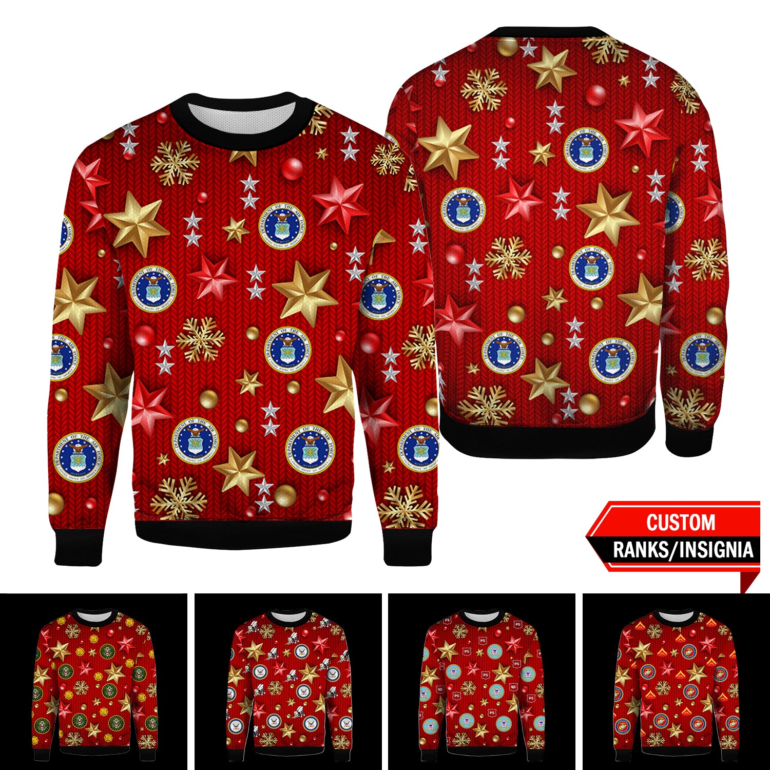 Custom US Military Ranks/Insignia 3D Xmas Star Ugly Sweater