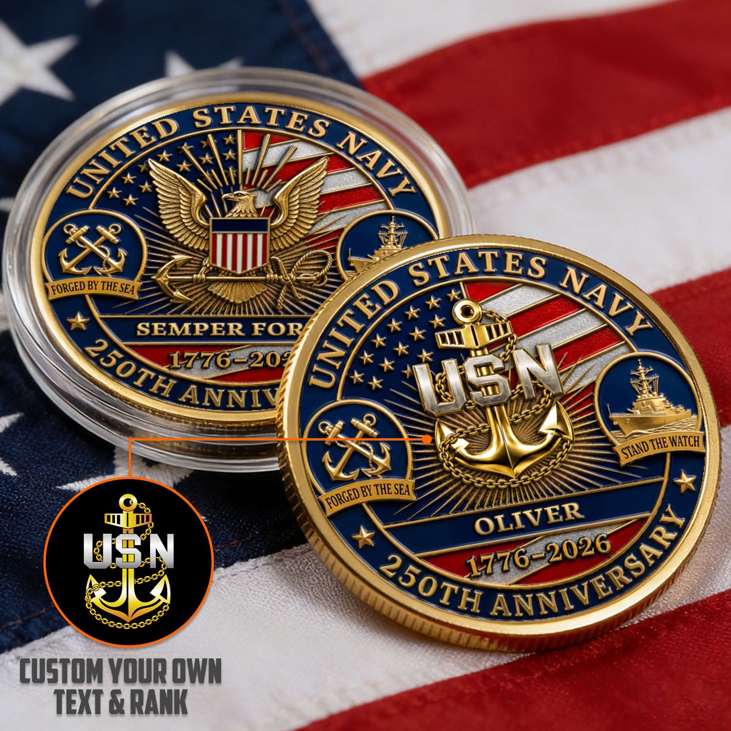 Personalized U.S. Navy 250th Anniversary Challenge Coin