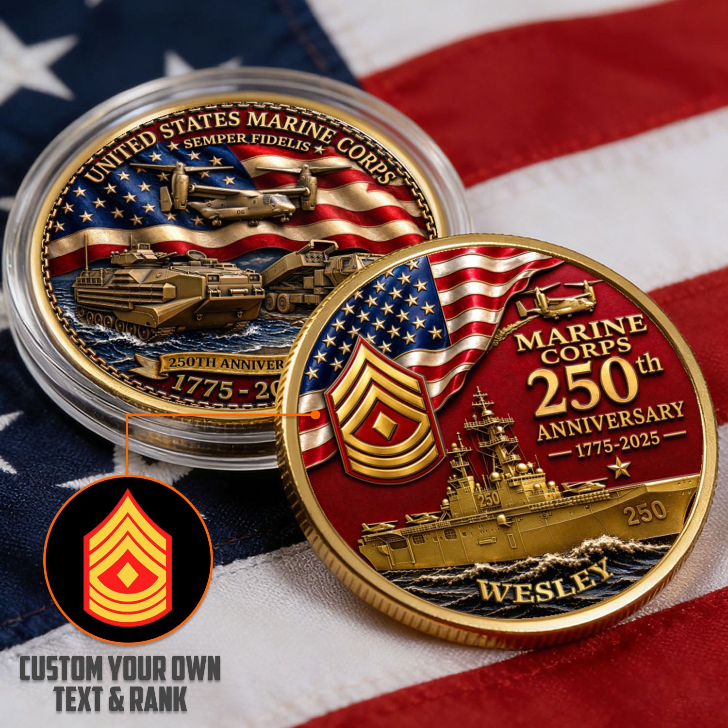 Personalized U.S. MARlNES 250th Anniversary Tank Challenge Coin