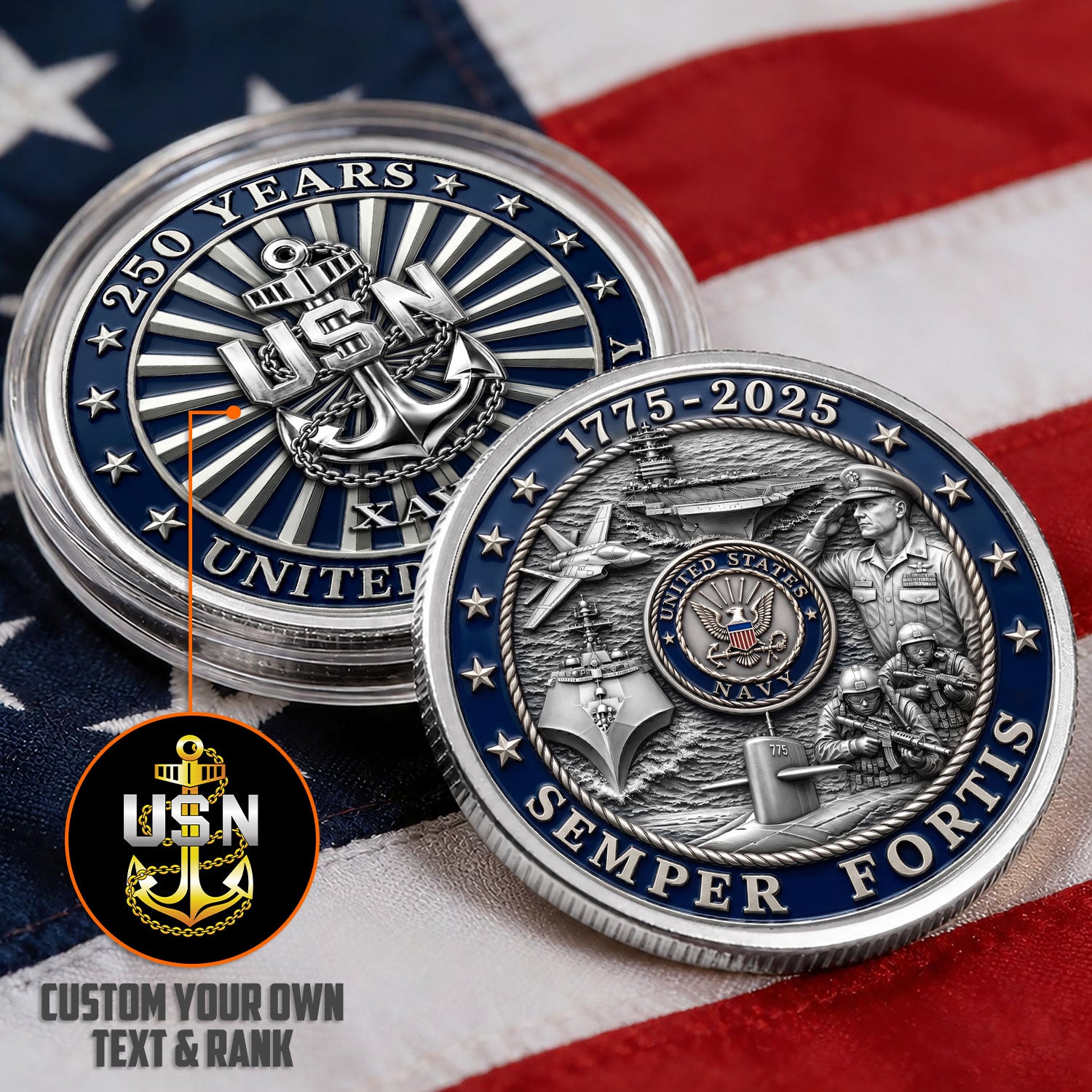 America 250 Custom Navy Rank & Name Personalized 3D Challenge Coin