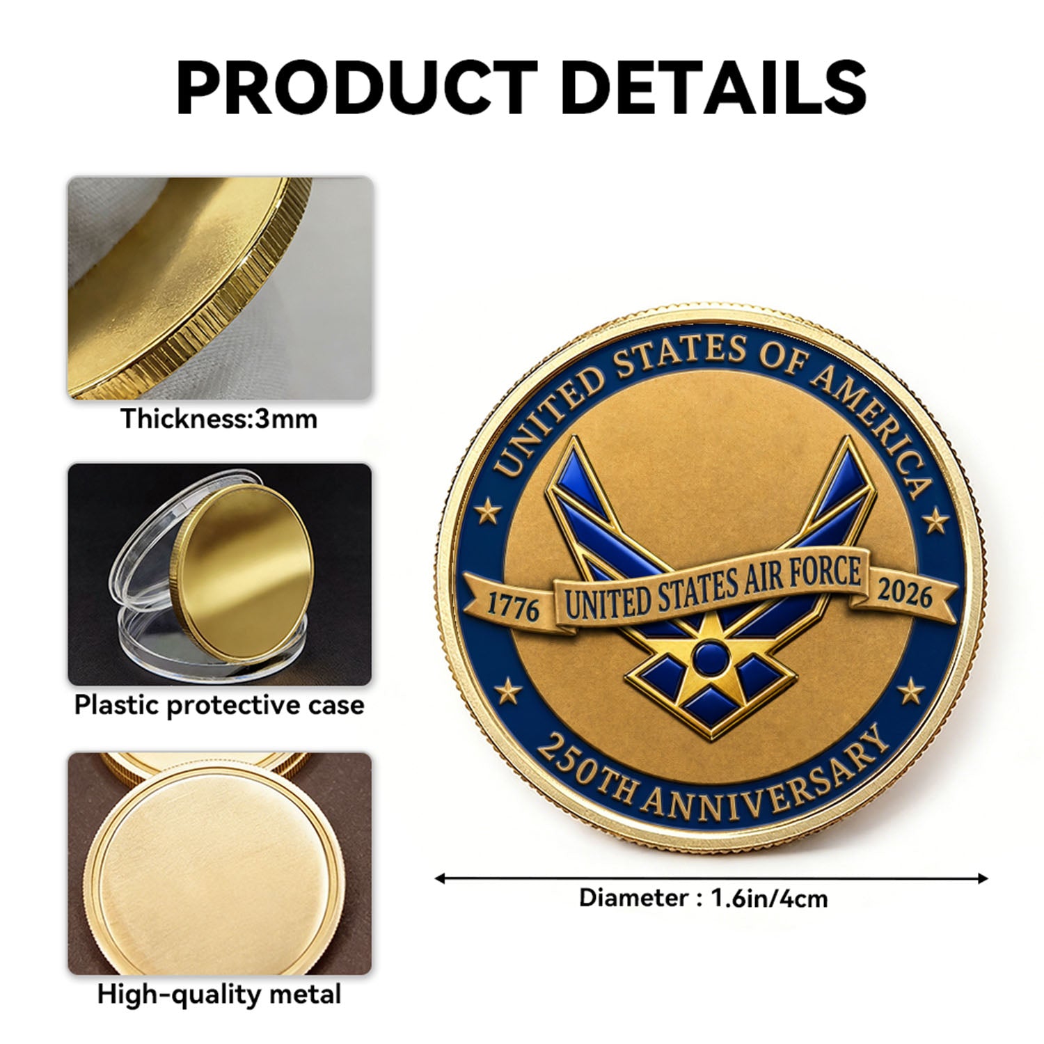 Personalized USAF Rank Name 3D Coin USA 250 Anniversary