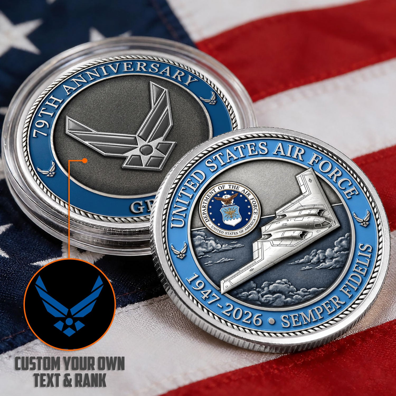 USAF Custom Name Rank 3D Challenge Coin USA 250