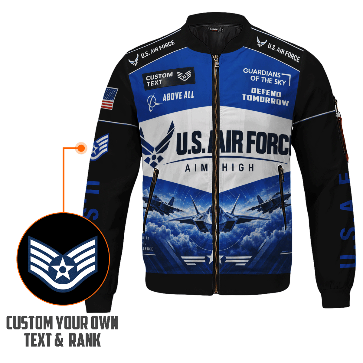 Personalized USAF Bomber Jacket Custom Veteran Rank Service Text