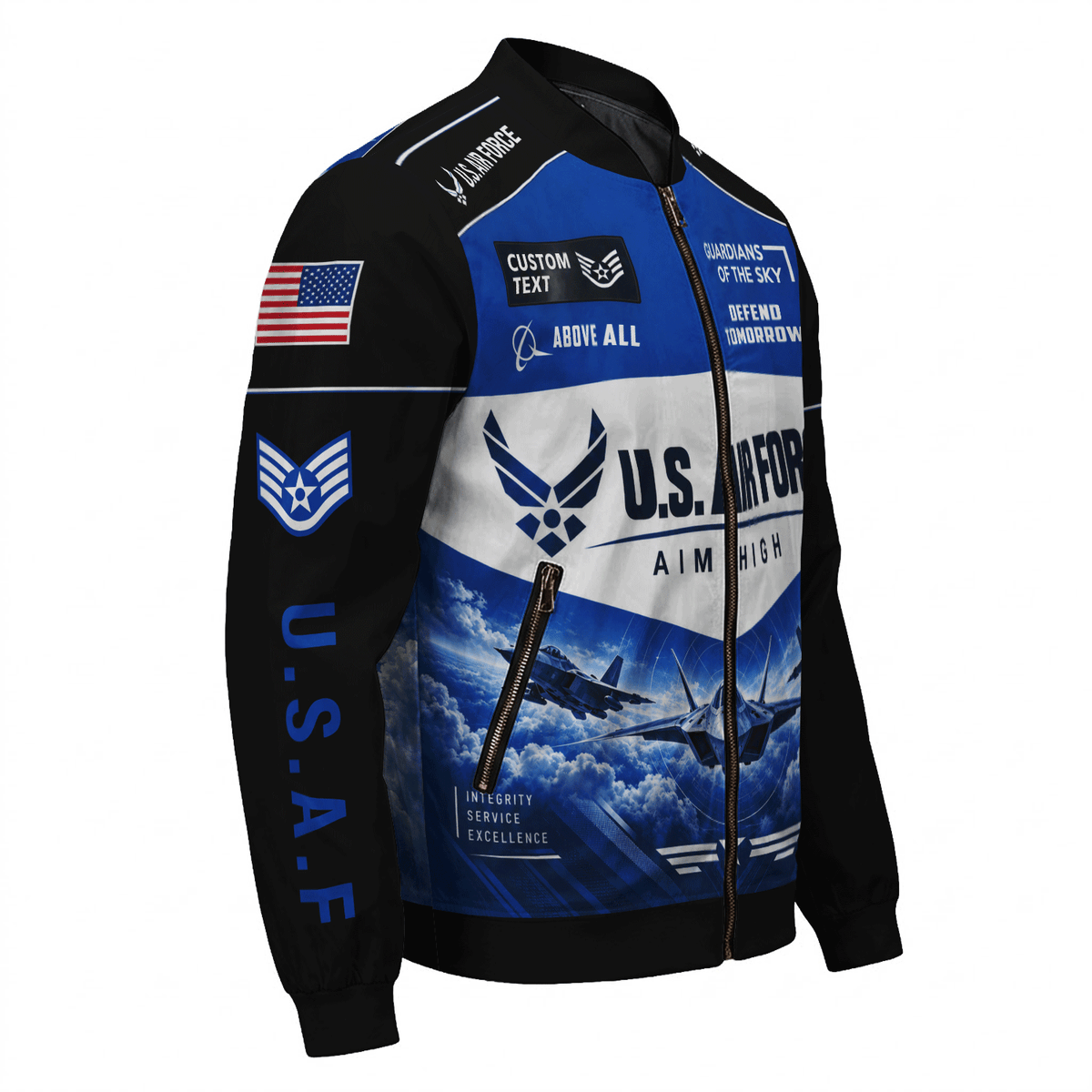 Personalized USAF Bomber Jacket Custom Veteran Rank Service Text