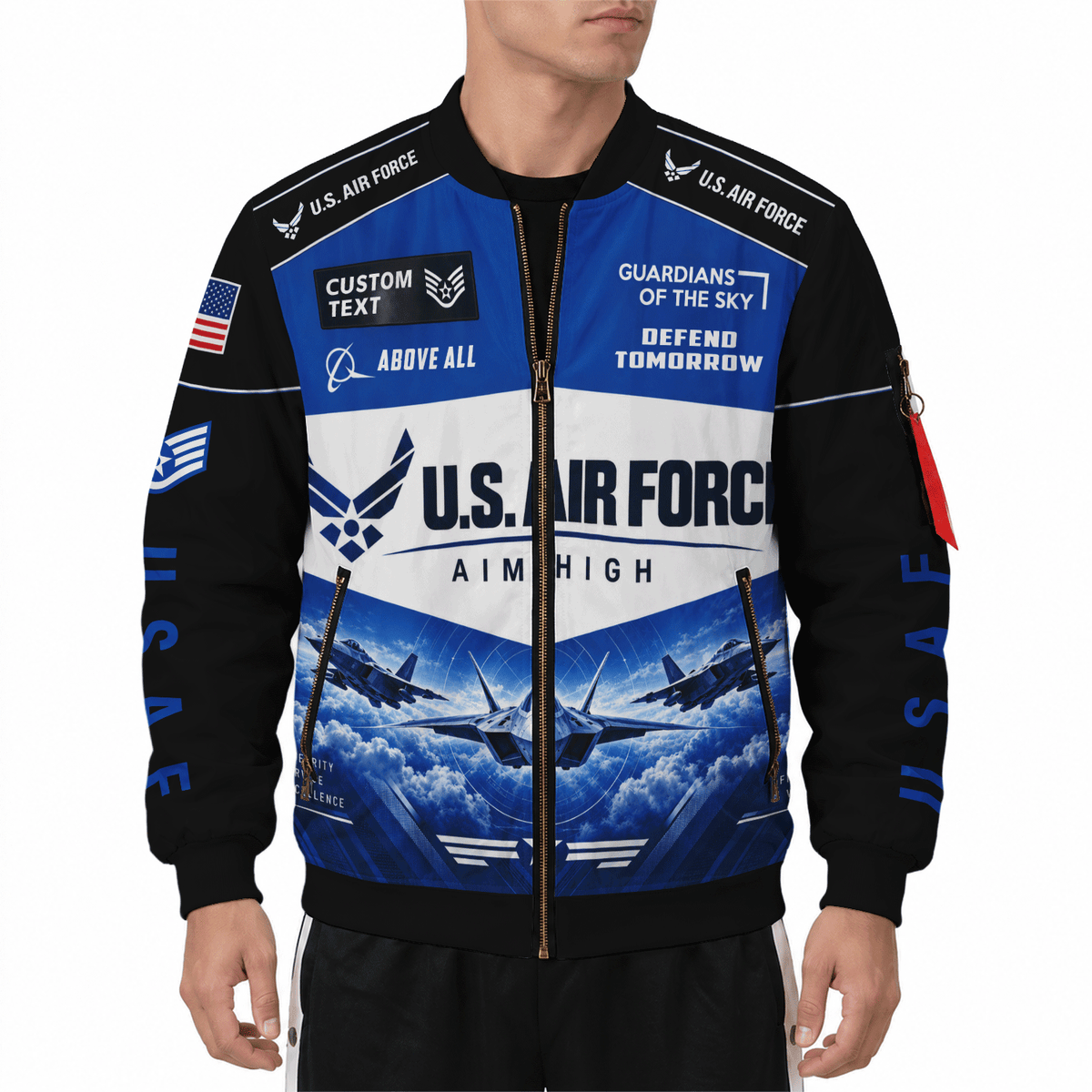 Personalized USAF Bomber Jacket Custom Veteran Rank Service Text