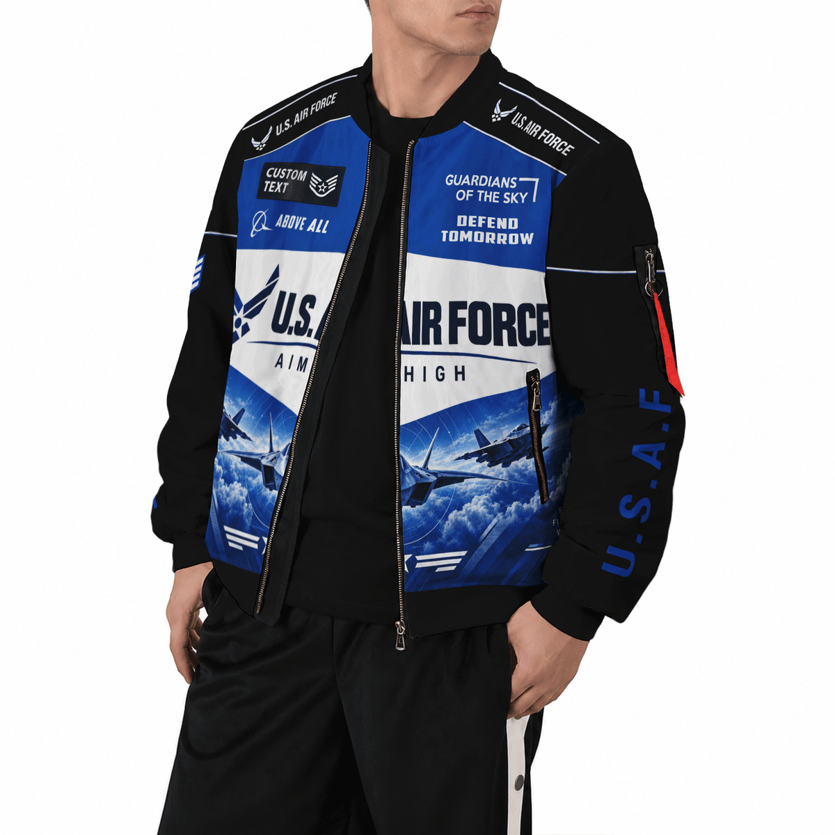 Personalized USAF Bomber Jacket Custom Veteran Rank Service Text