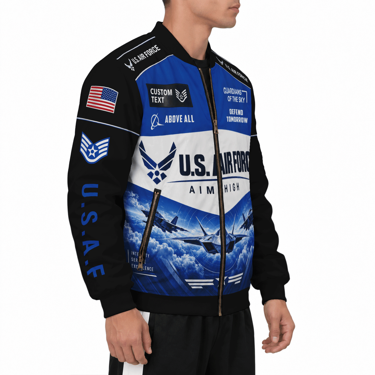 Personalized USAF Bomber Jacket Custom Veteran Rank Service Text