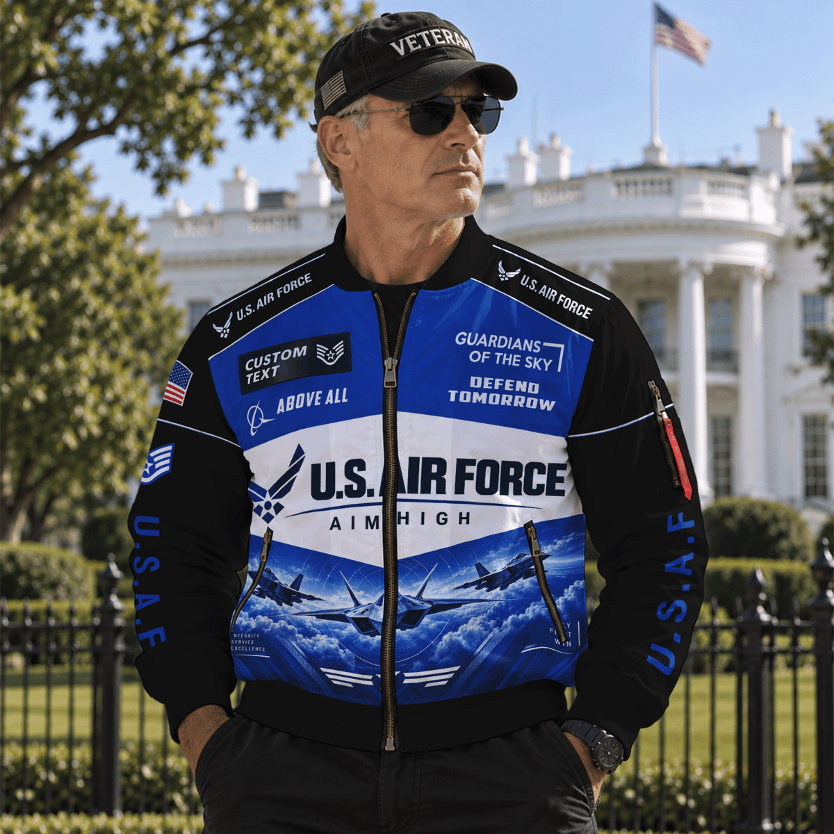 Personalized USAF Bomber Jacket Custom Veteran Rank Service Text
