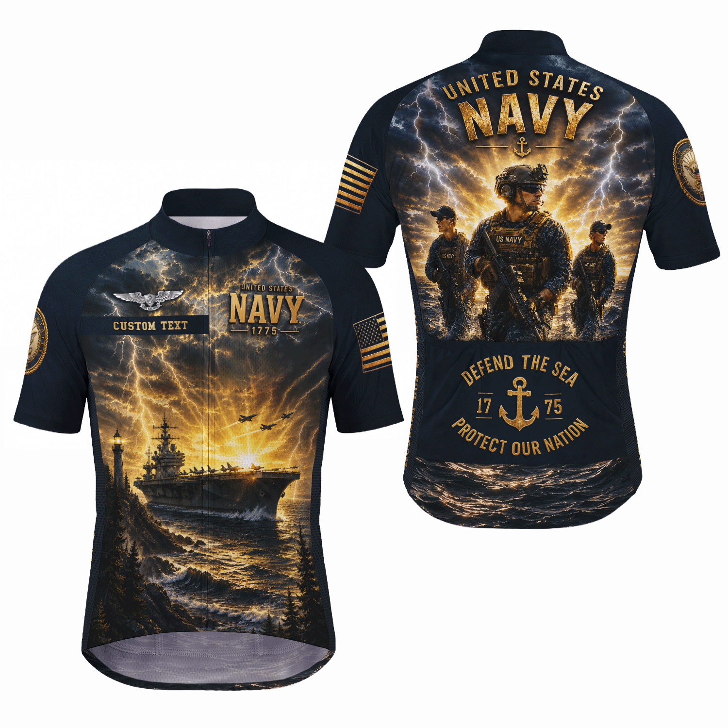Custom Navy Cycling Jersey Personalized Veteran Name Rank Cycling Shirt