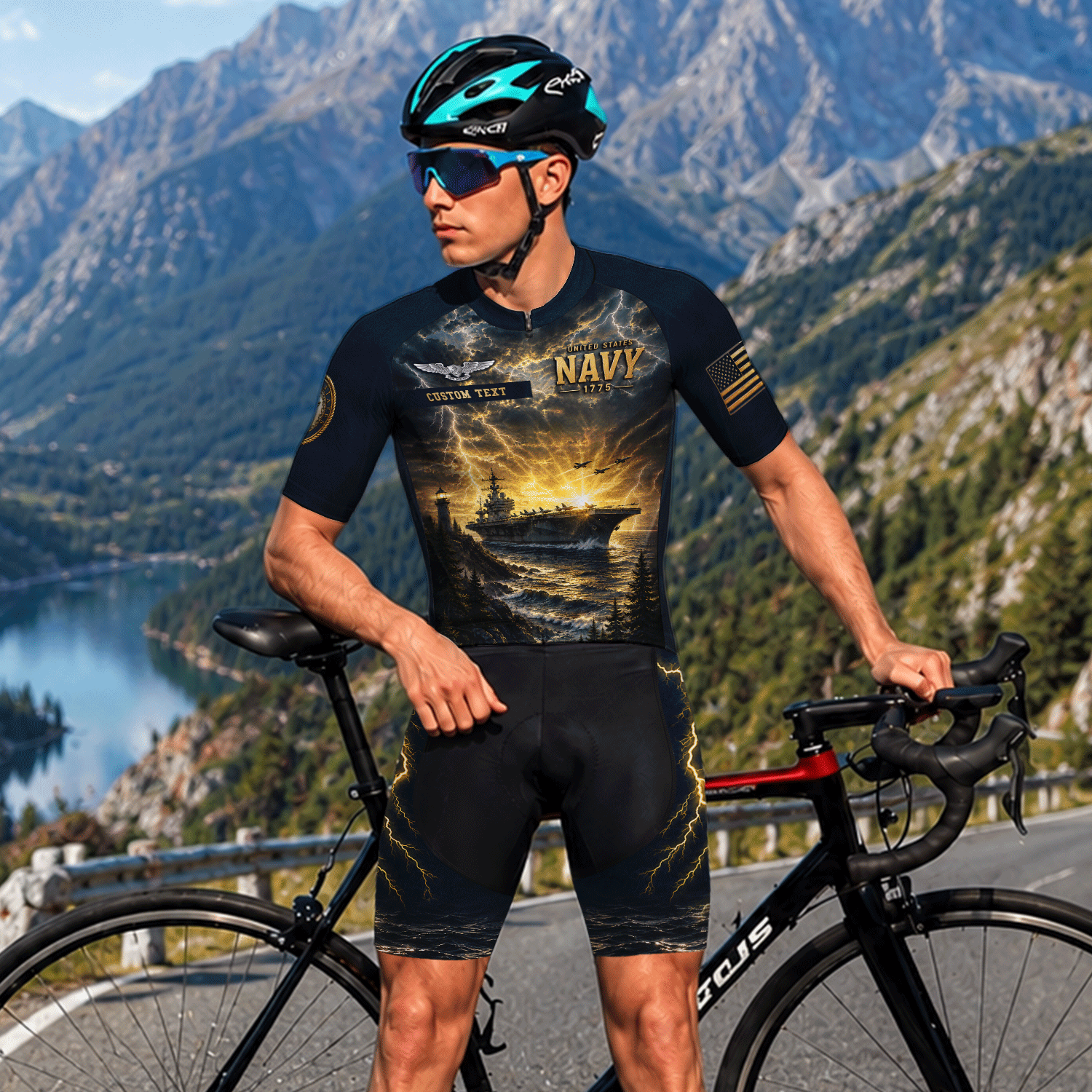 Custom Navy Cycling Jersey Personalized Veteran Name Rank Cycling Shirt