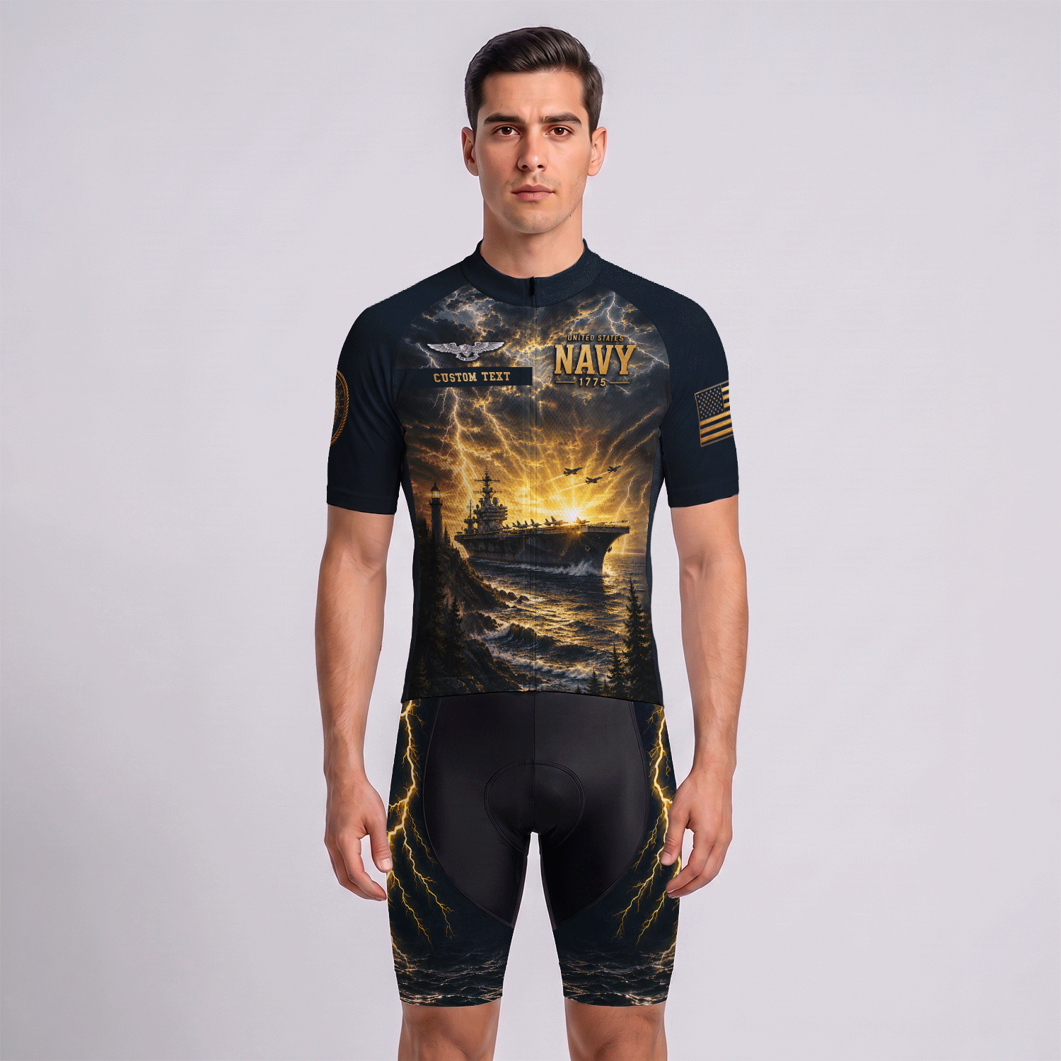 Custom Navy Cycling Jersey Personalized Veteran Name Rank Cycling Shirt