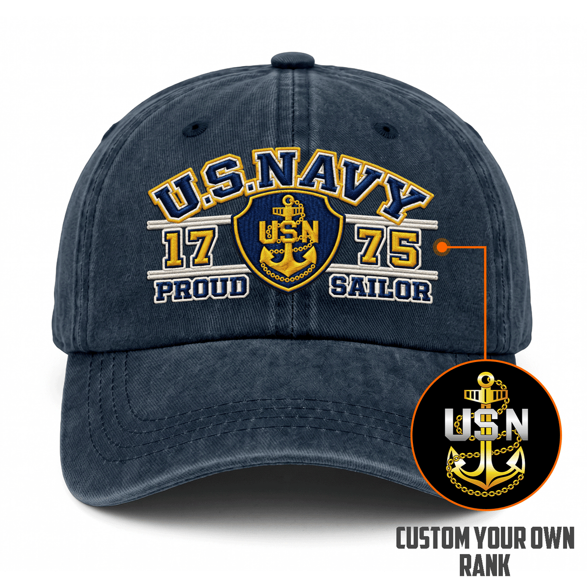 Custom Navy Embroidered Cap Personalized Rank and Custom Text