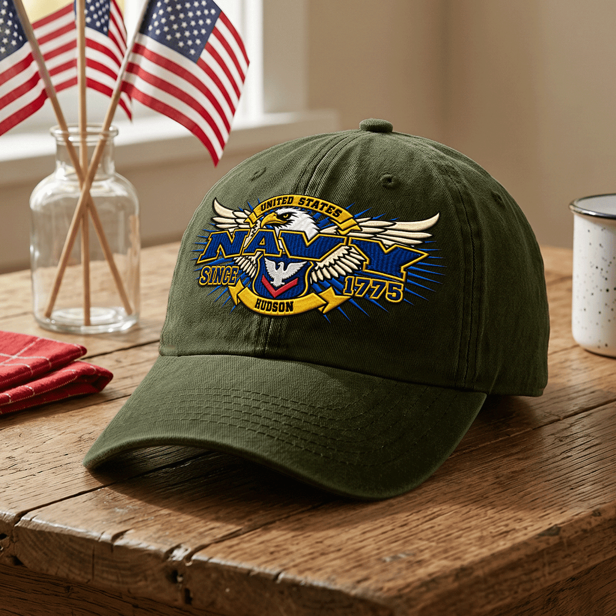 Personalized Navy Washed Hat Custom Military Rank and Text