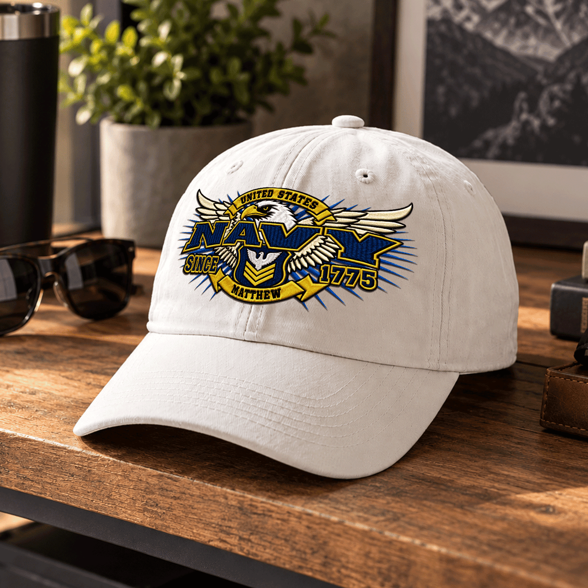 Personalized Navy Washed Hat Custom Military Rank and Text