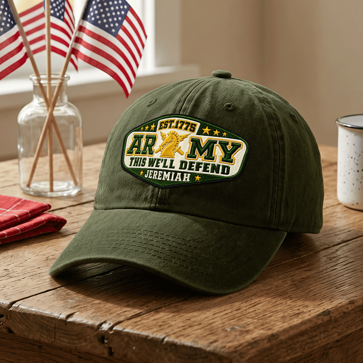 Custom Army Embroidered Cap Personalized Rank and Custom Text