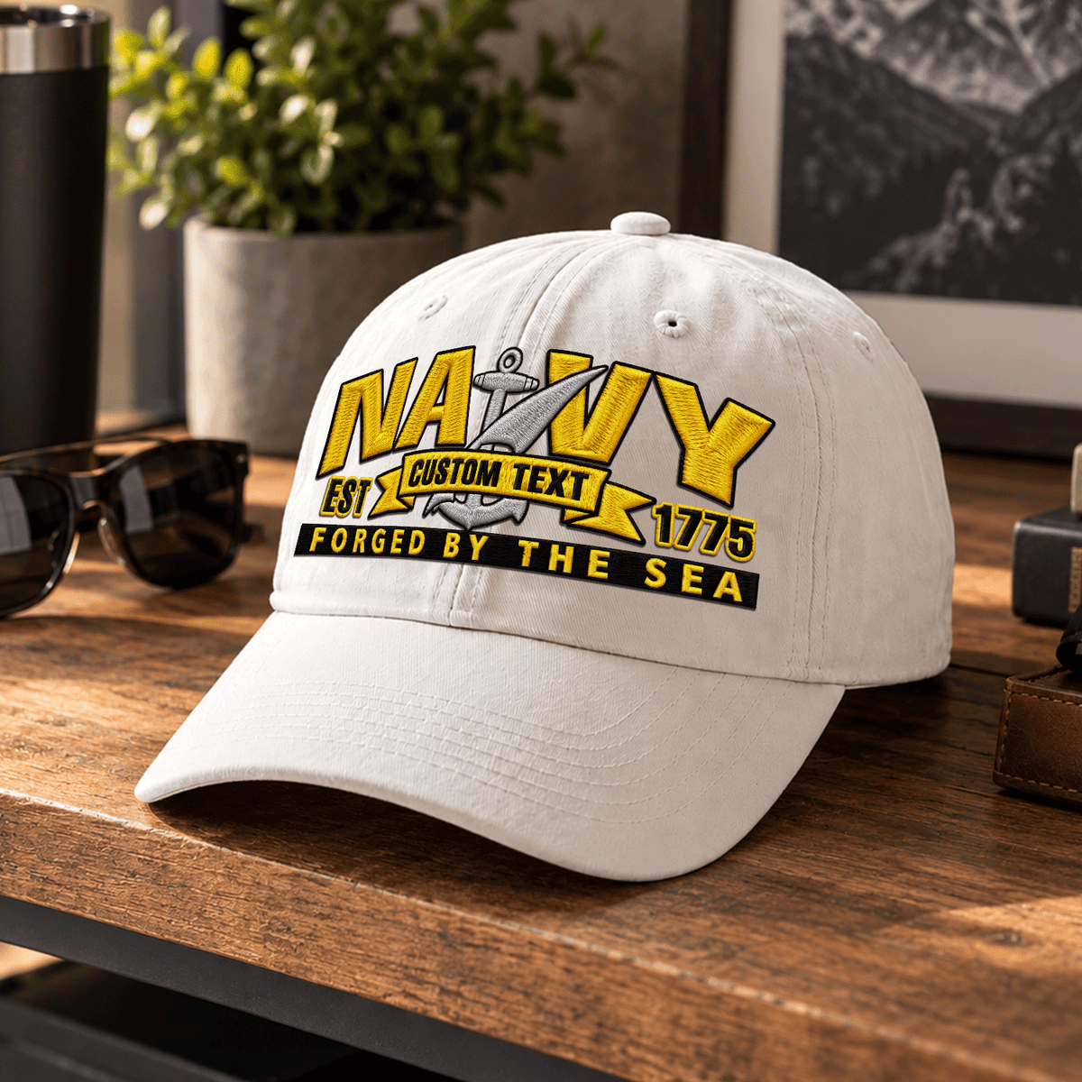 U.S. Navy Embroidered Cap Custom Rank Text Veteran Gift
